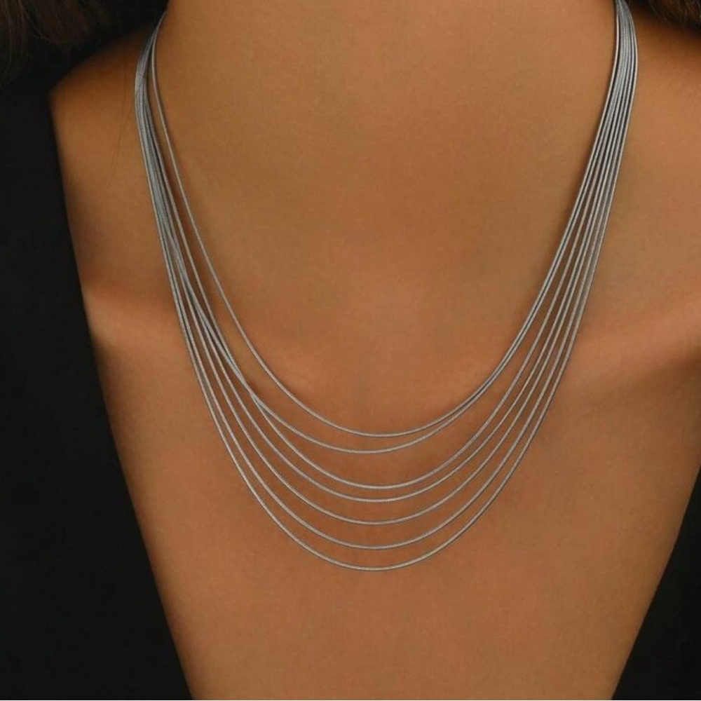 Silver Plated Stainless Steel Layered Snake Chain Necklace | Sleek Multi-Layer